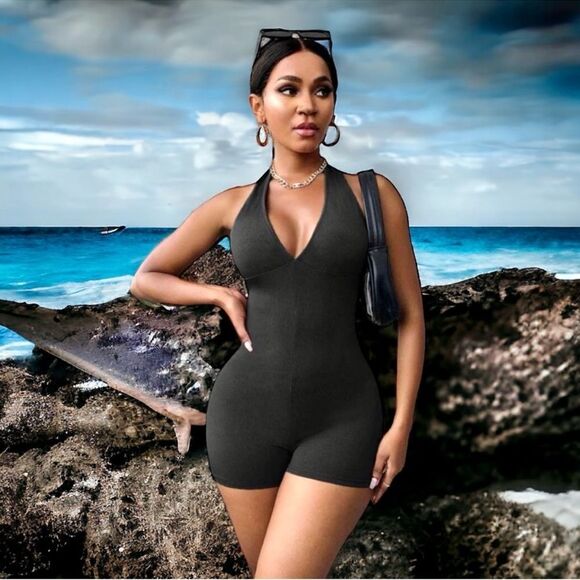 BUNDLE OF 2 SHEIN Black Rompers Kimono + Ribbed Halter Biker Shorts Unitard M - Picture 5 of 16